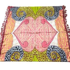 Vintage Silk Scarf Wrap Lady Lord 40" Sq + Fringe Multicolor Made in India